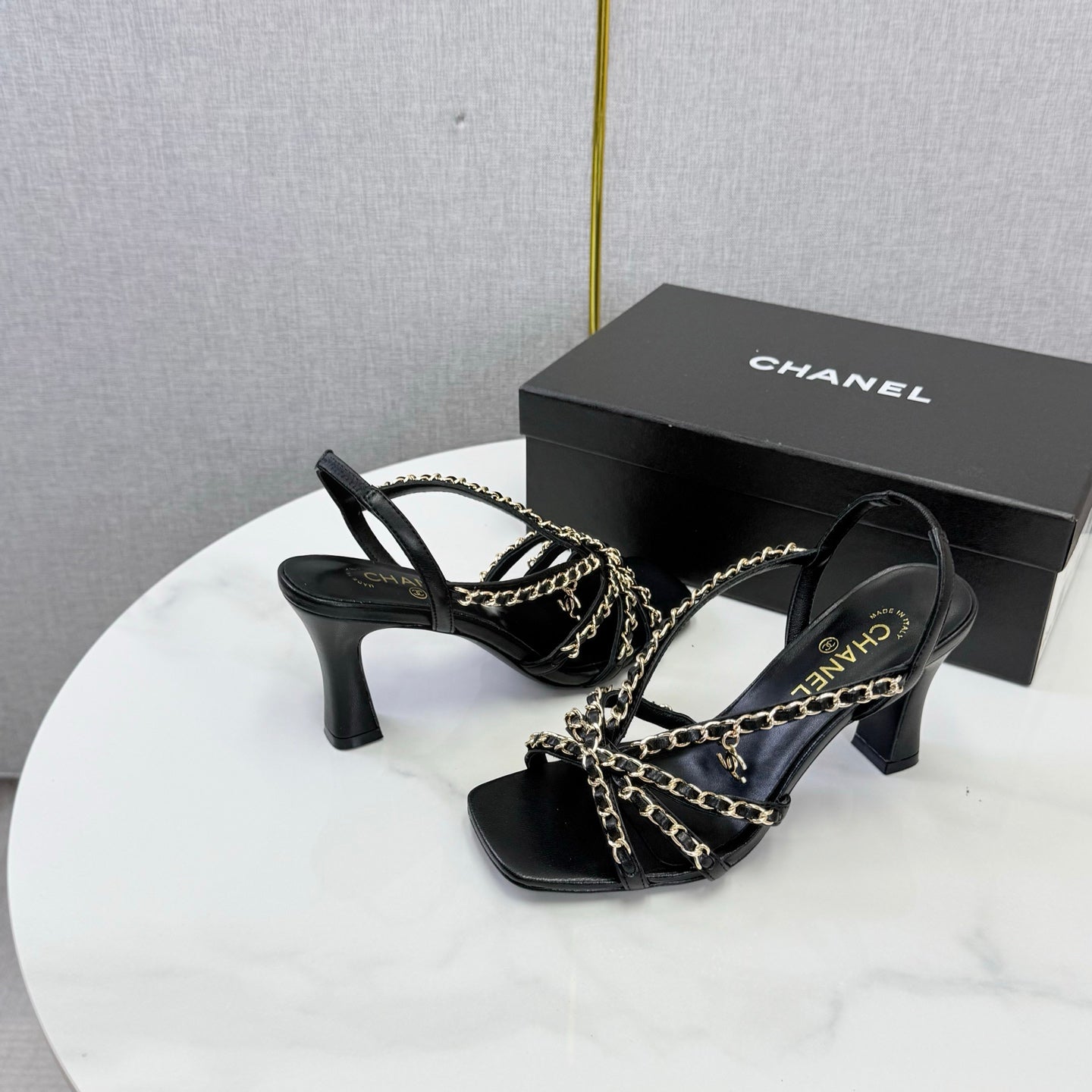 CC 26s Chain Strap High Heels 6.5cm Black Lambskin