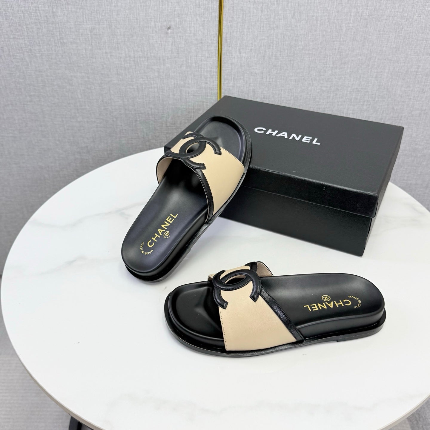 Chanel 26s Iconic CC Slides Beige Lambskin
