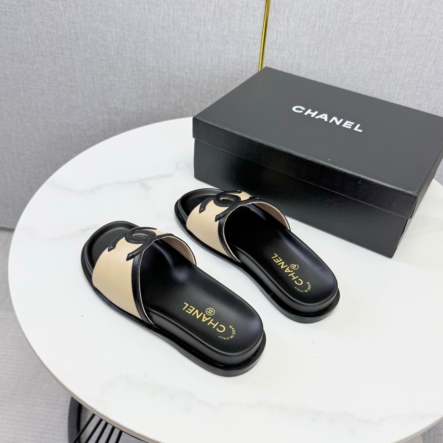 Chanel 26s Iconic CC Slides Beige Lambskin