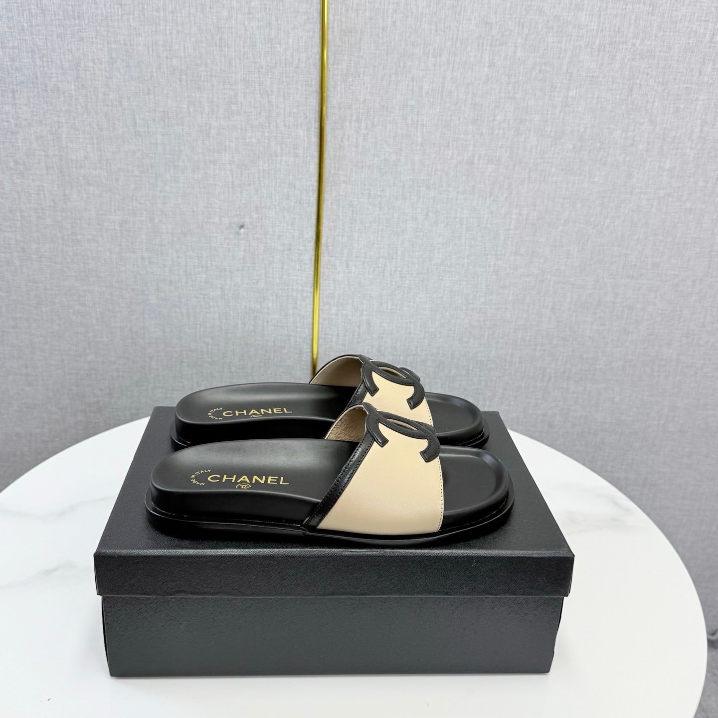 Chanel 26s Iconic CC Slides Beige Lambskin