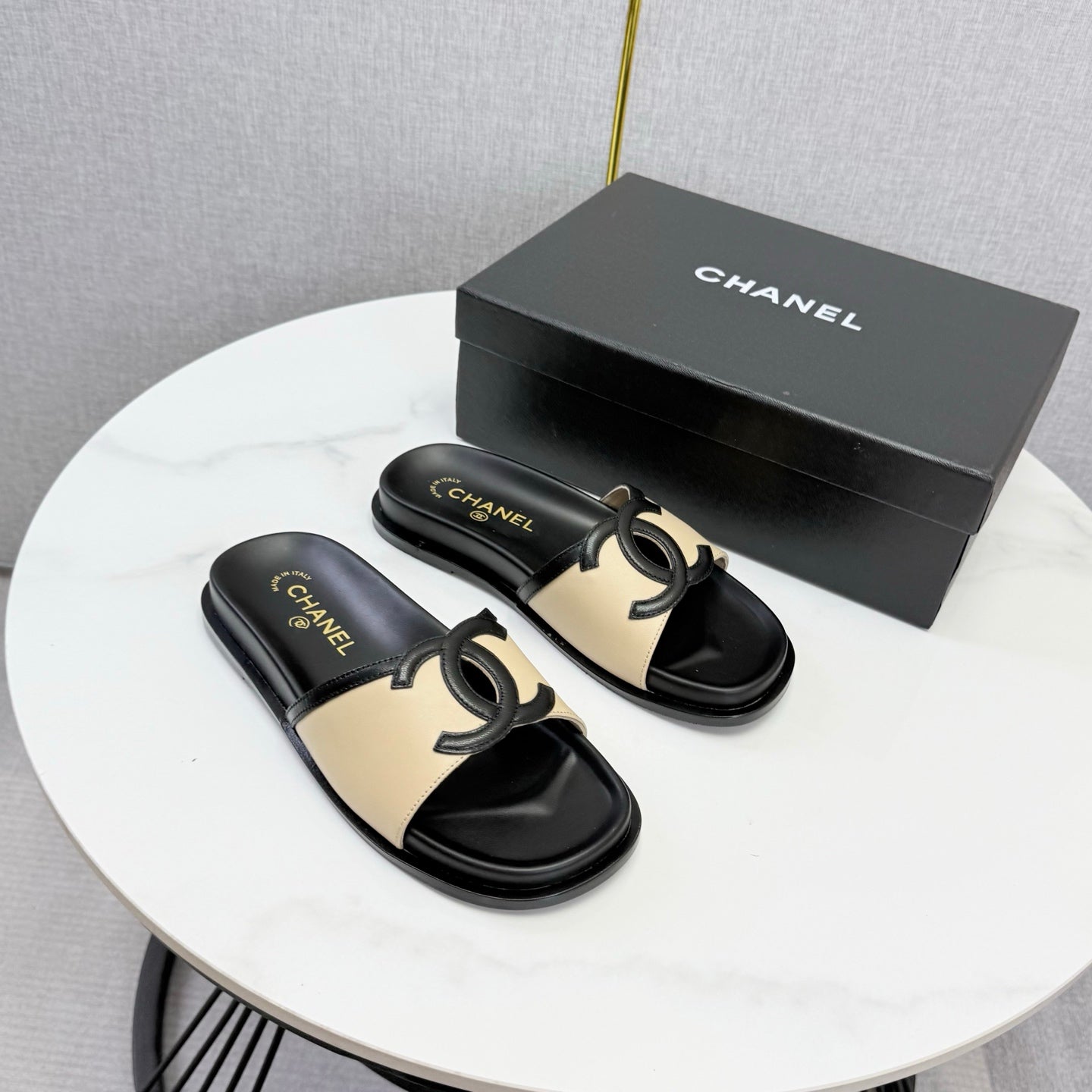 Chanel 26s Iconic CC Slides Beige Lambskin