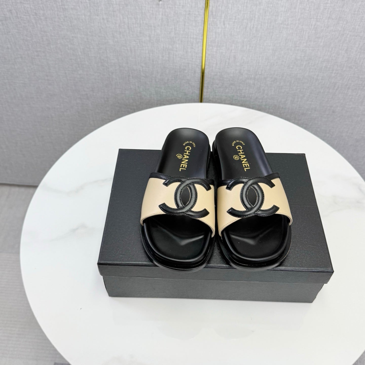 Chanel 26s Iconic CC Slides Beige Lambskin