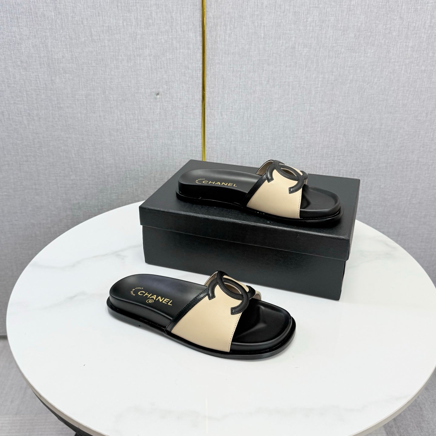 Chanel 26s Iconic CC Slides Beige Lambskin