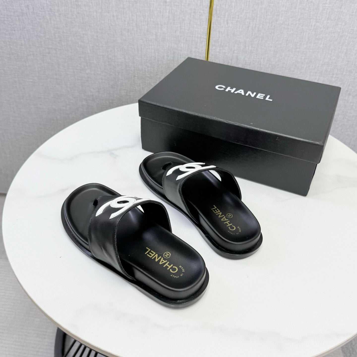 Chanel 26s CC Thong Slides Black Lambskin