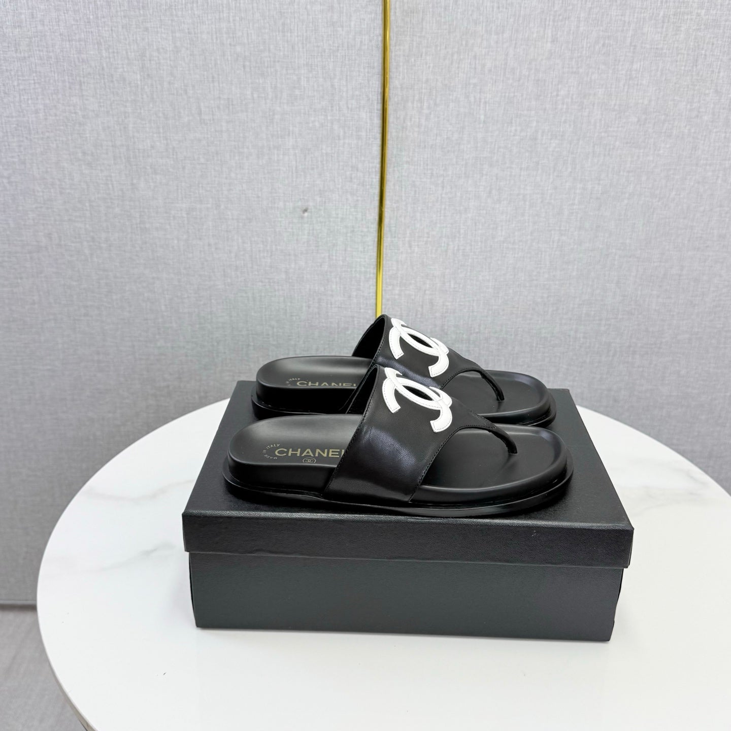 Chanel 26s CC Thong Slides Black Lambskin