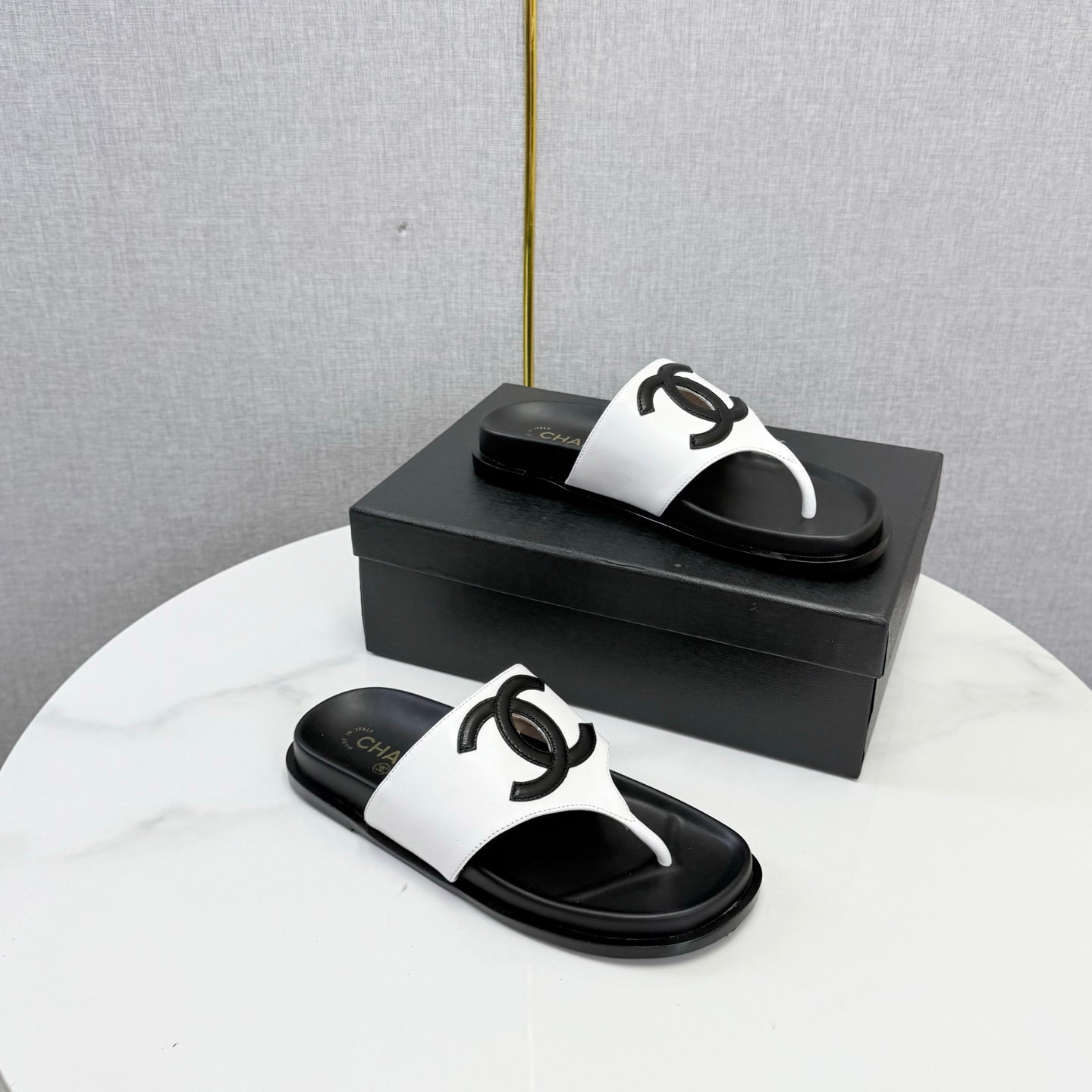 Chanel 26s CC Thong Slides White Lambskin