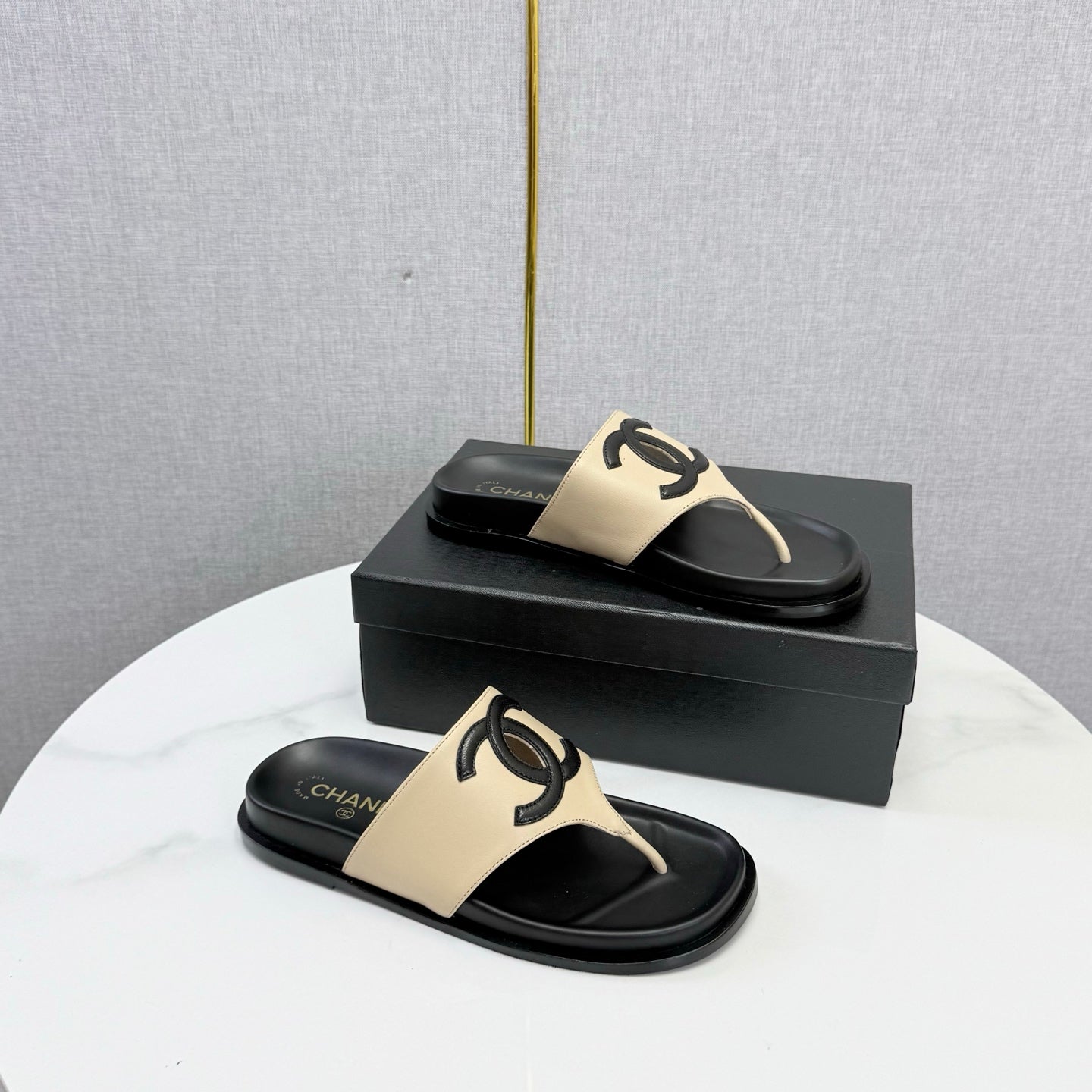 Chanel 26s CC Thong Slides Beige Lambskin