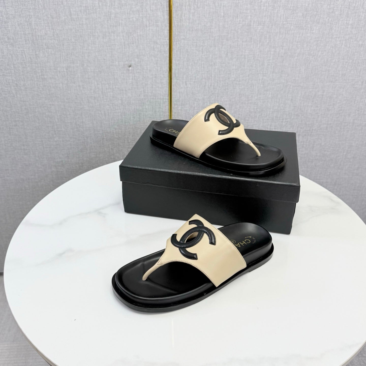 Chanel 26s CC Thong Slides Beige Lambskin