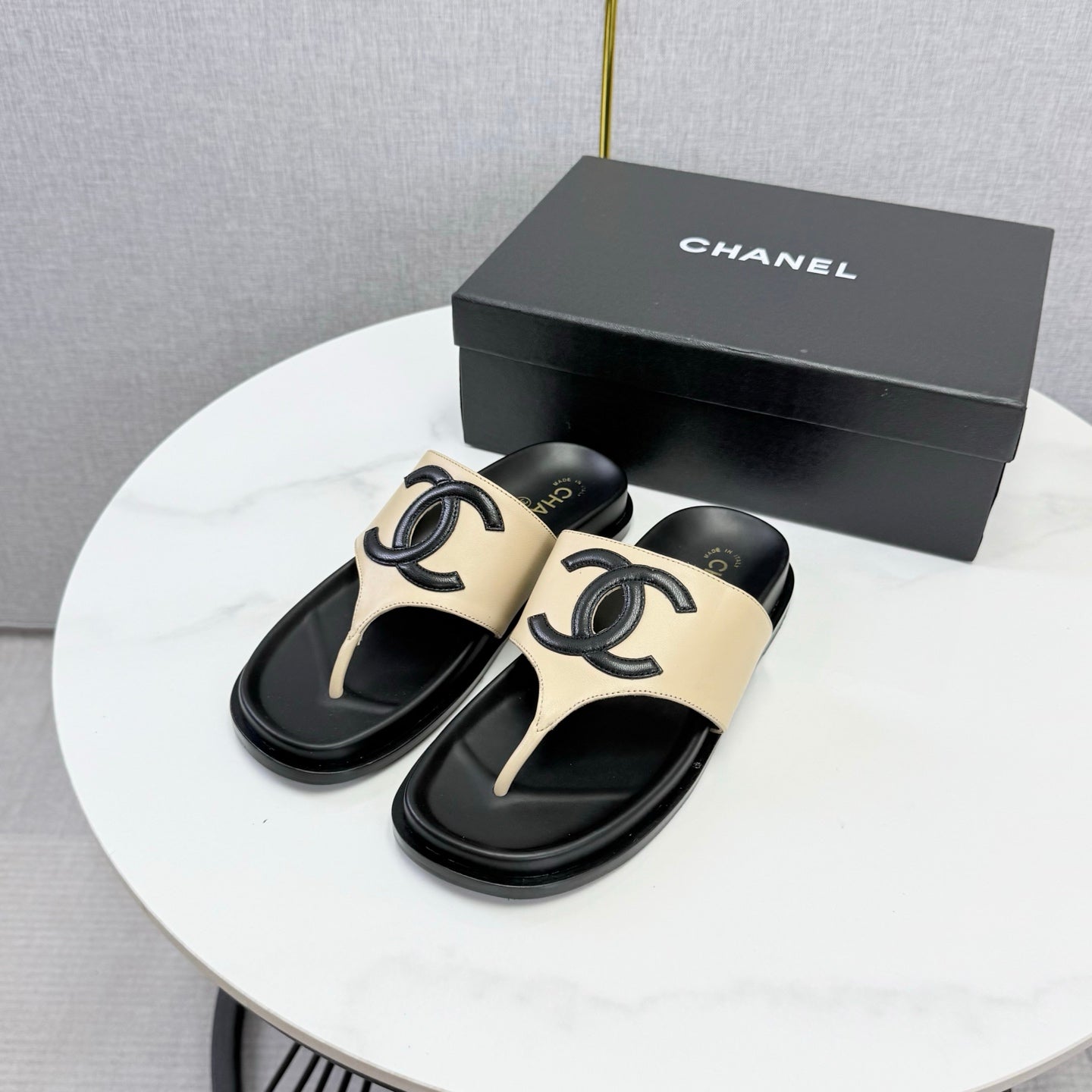 Chanel 26s CC Thong Slides Beige Lambskin