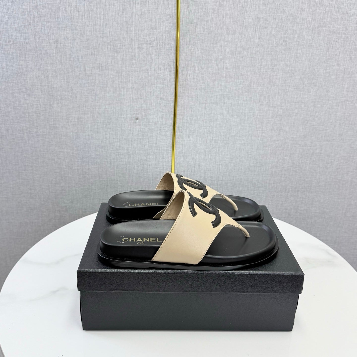 Chanel 26s CC Thong Slides Beige Lambskin