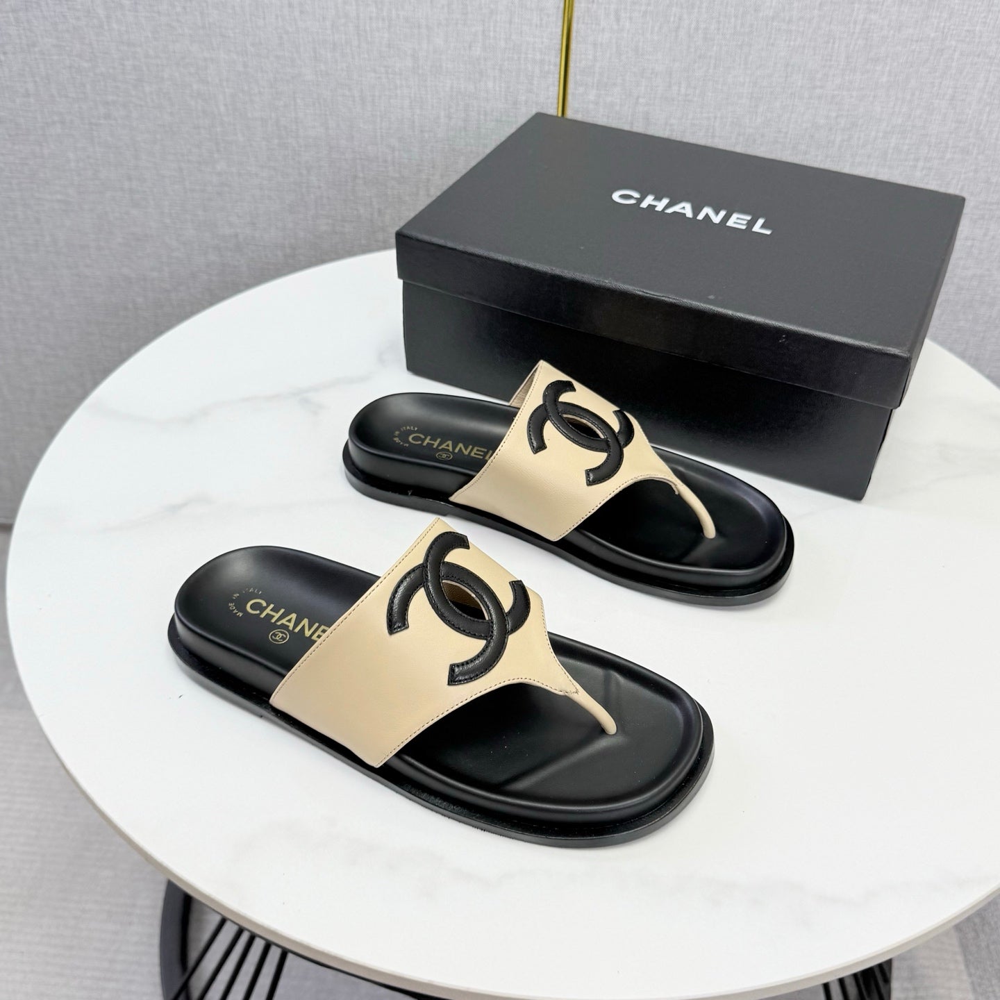 Chanel 26s CC Thong Slides Beige Lambskin