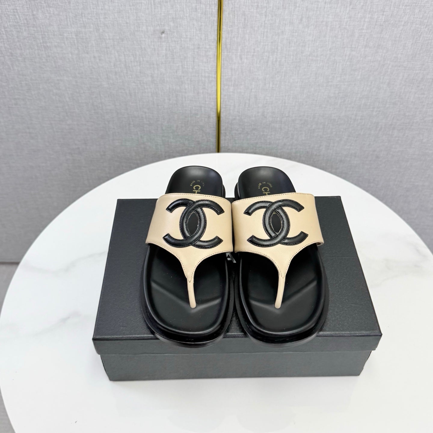 Chanel 26s CC Thong Slides Beige Lambskin