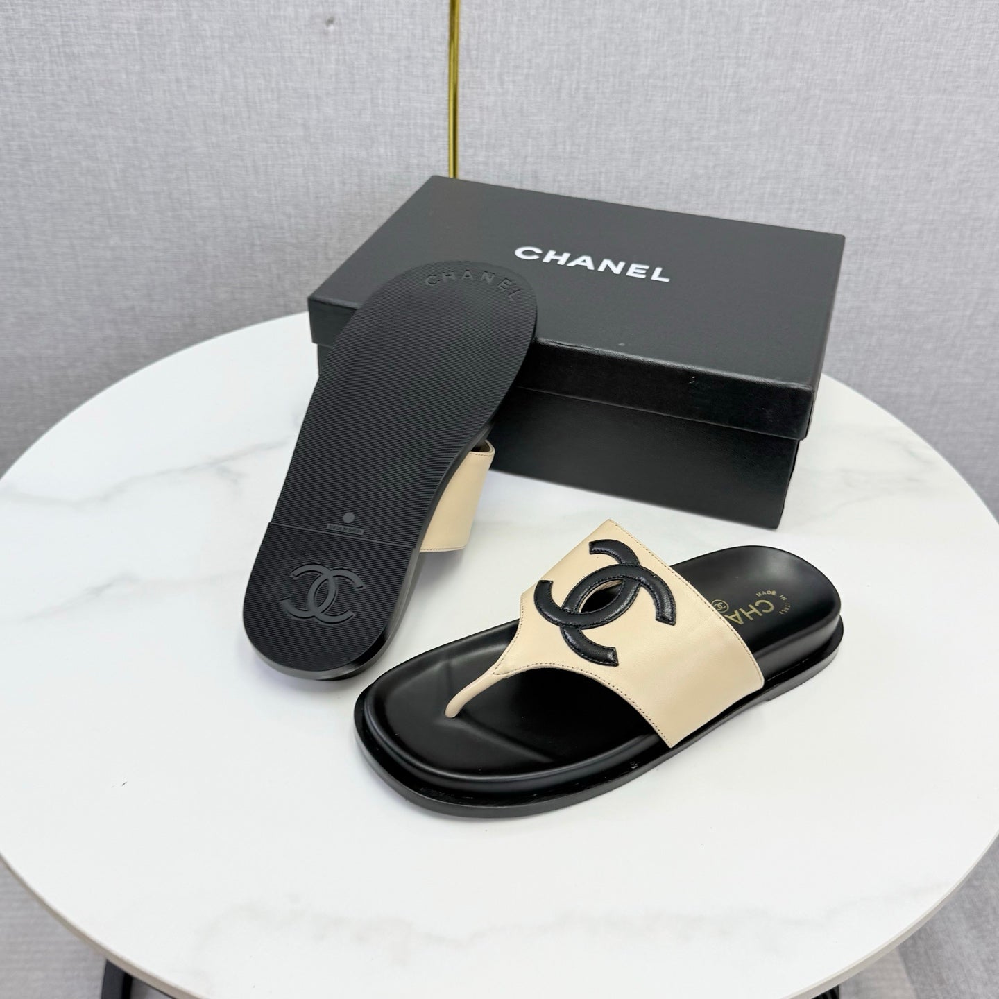 Chanel 26s CC Thong Slides Beige Lambskin