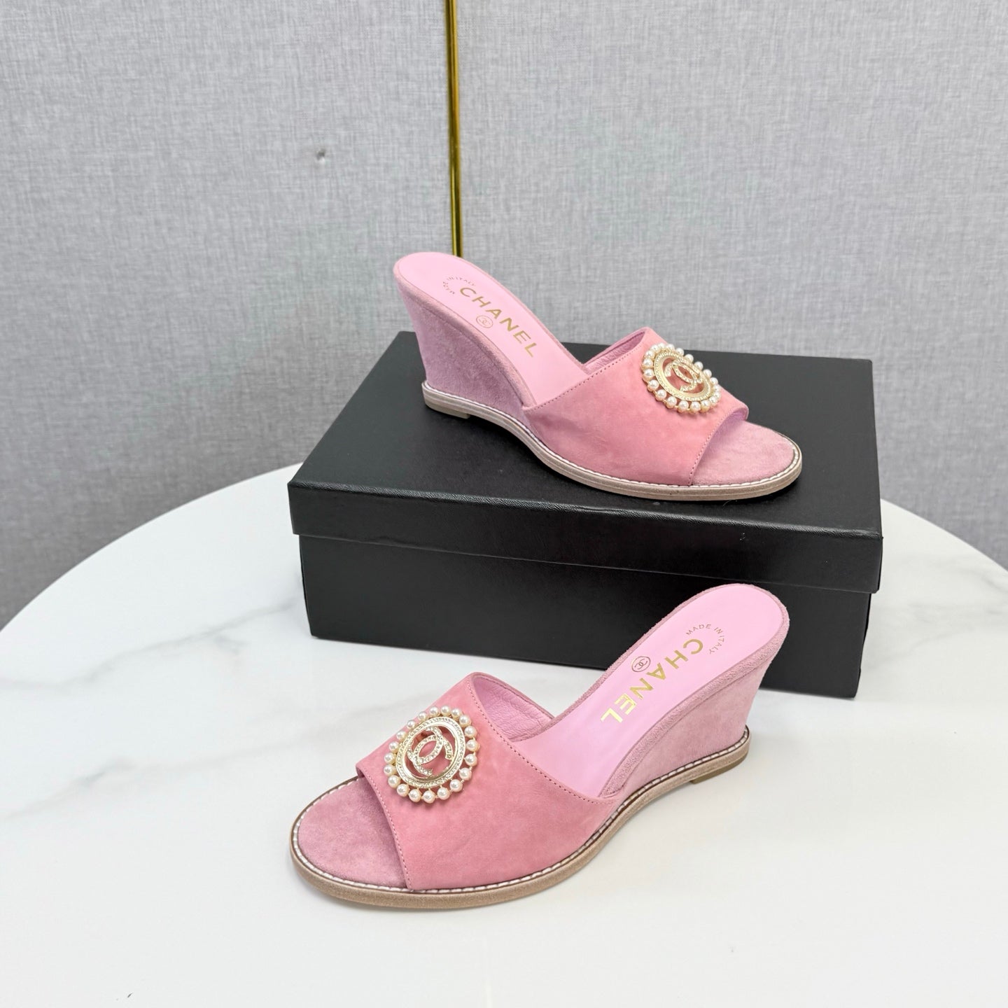 CC 26s Wedge Heels In Pink Suede With CC Pearl Embellished