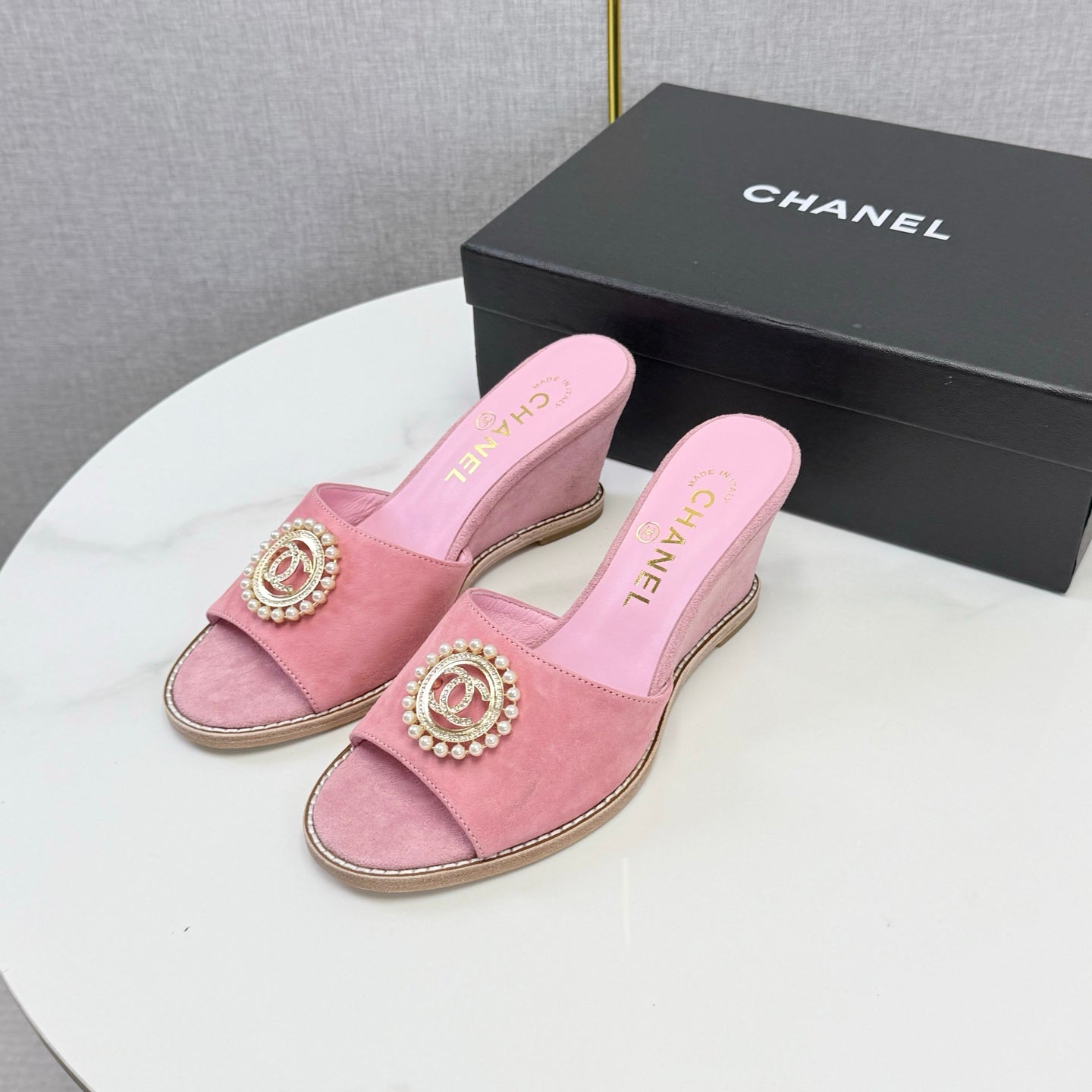 CC 26s Wedge Heels In Pink Suede With CC Pearl Embellished