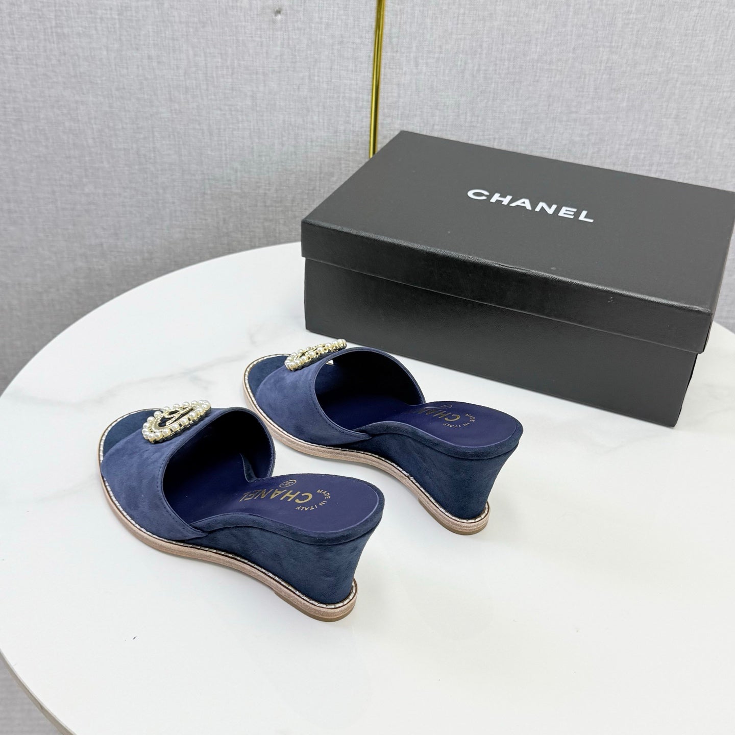 CC 26s Wedge Heels In Dark Blue Suede With Cc Pearl Embellished