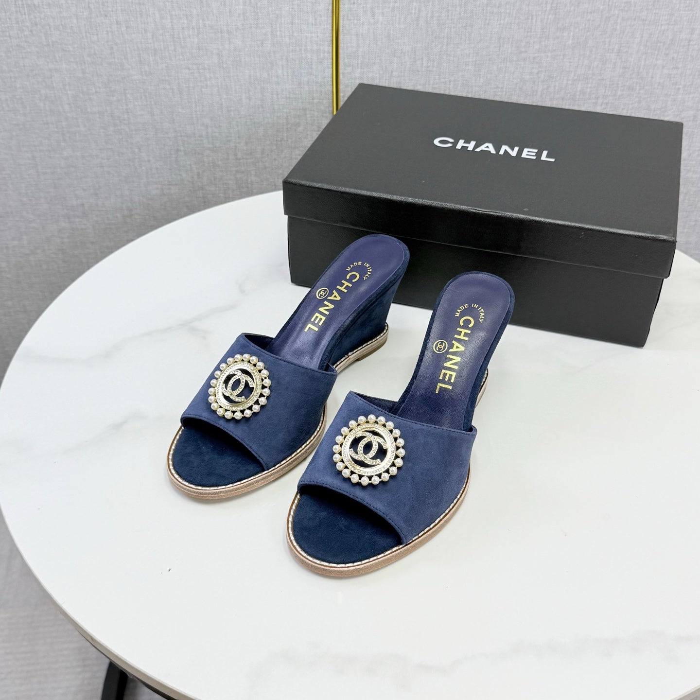 CC 26s Wedge Heels In Dark Blue Suede With Cc Pearl Embellished