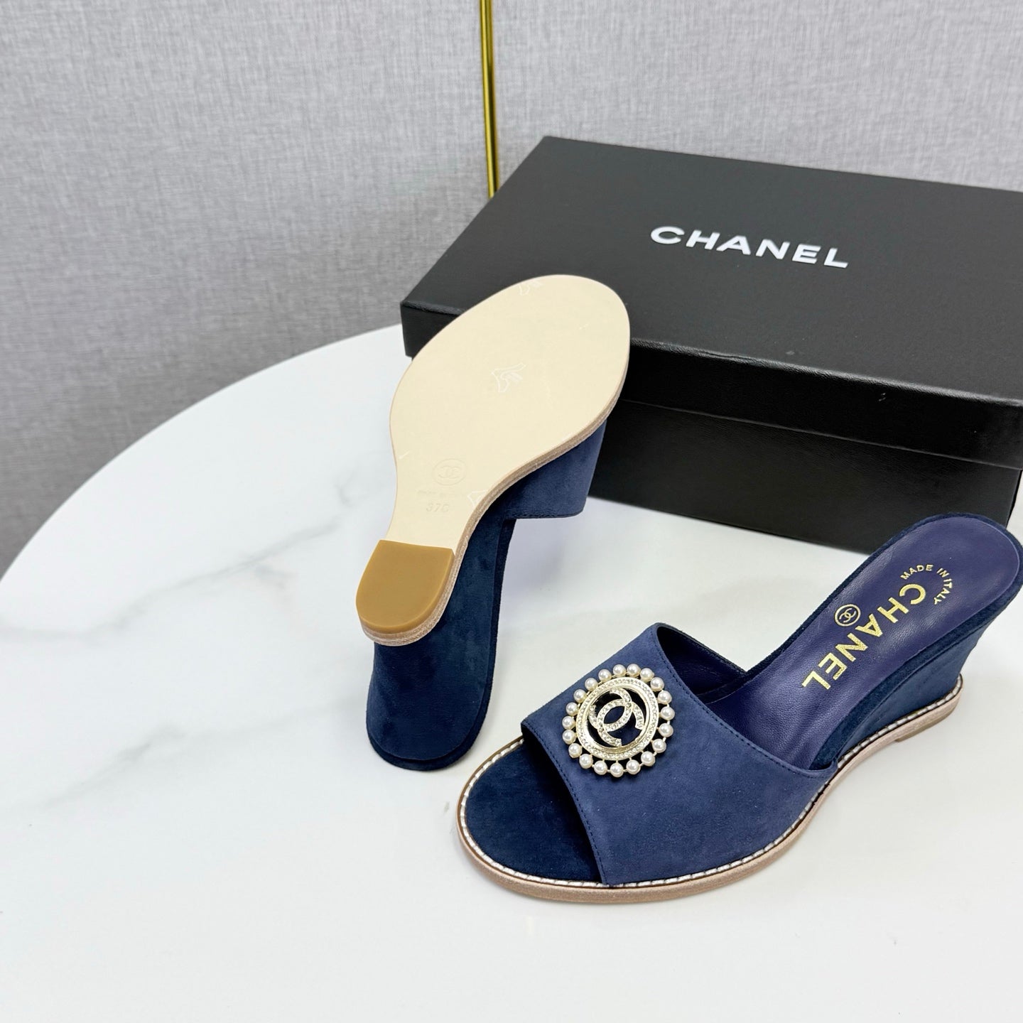 CC 26s Wedge Heels In Dark Blue Suede With Cc Pearl Embellished