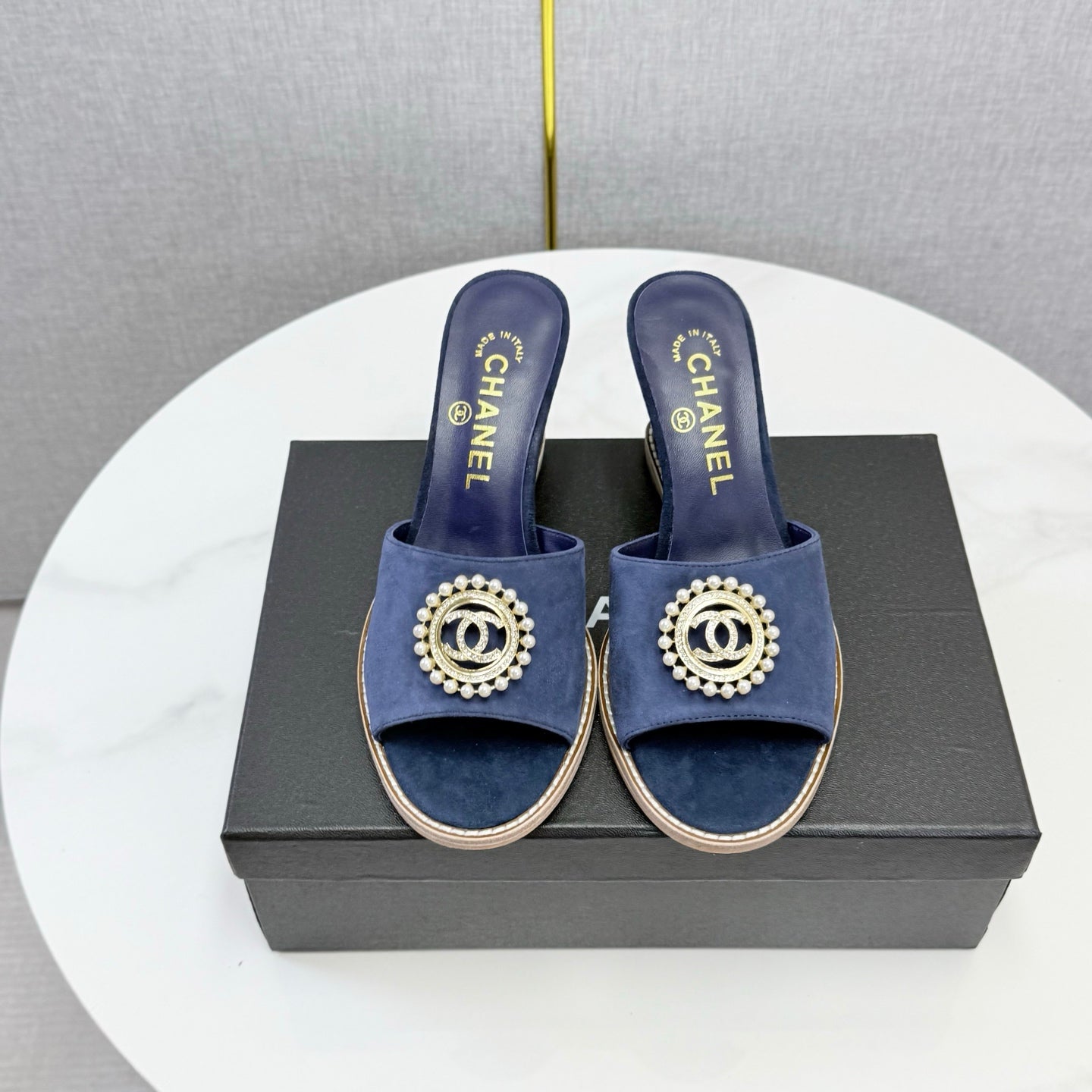 CC 26s Wedge Heels In Dark Blue Suede With Cc Pearl Embellished