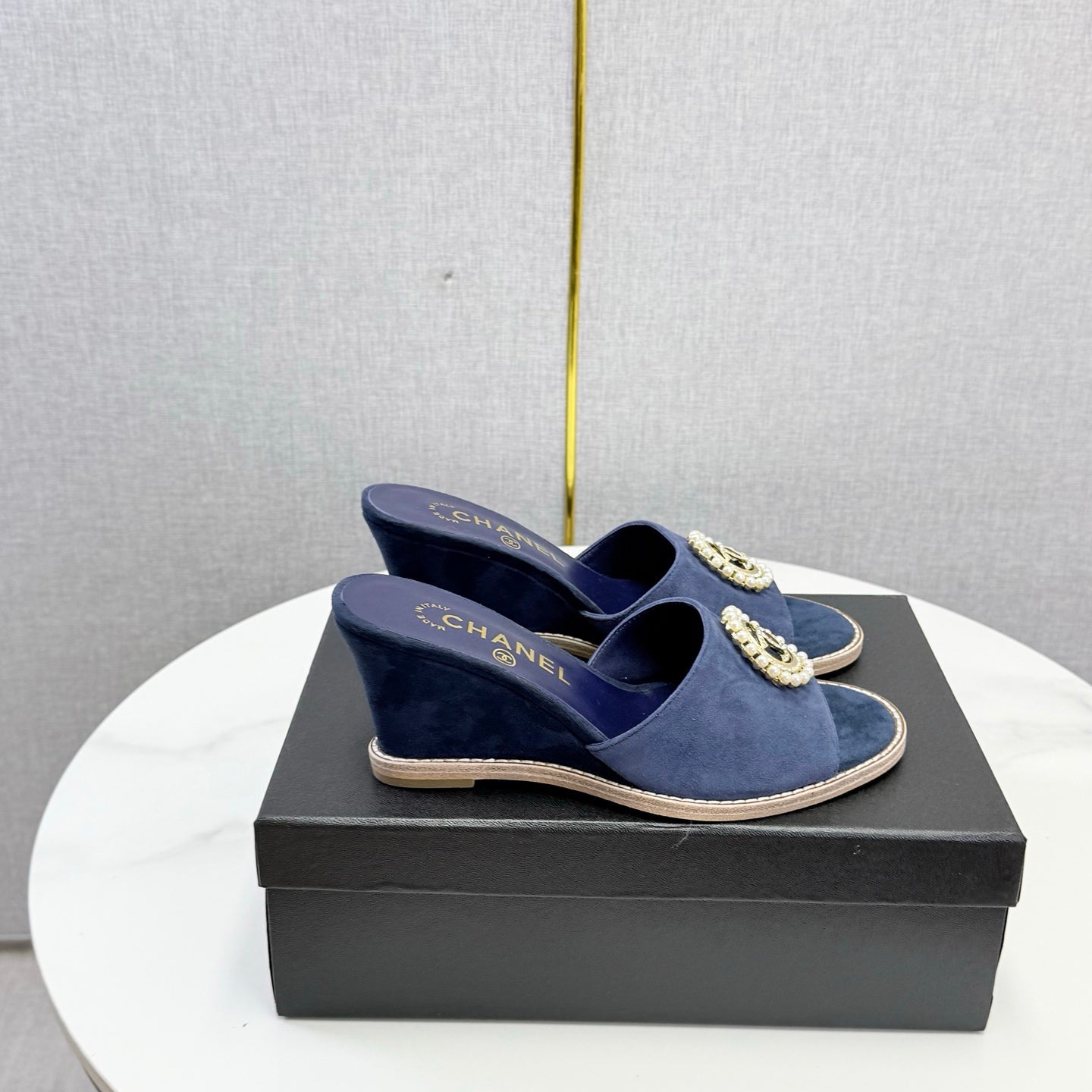 CC 26s Wedge Heels In Dark Blue Suede With Cc Pearl Embellished