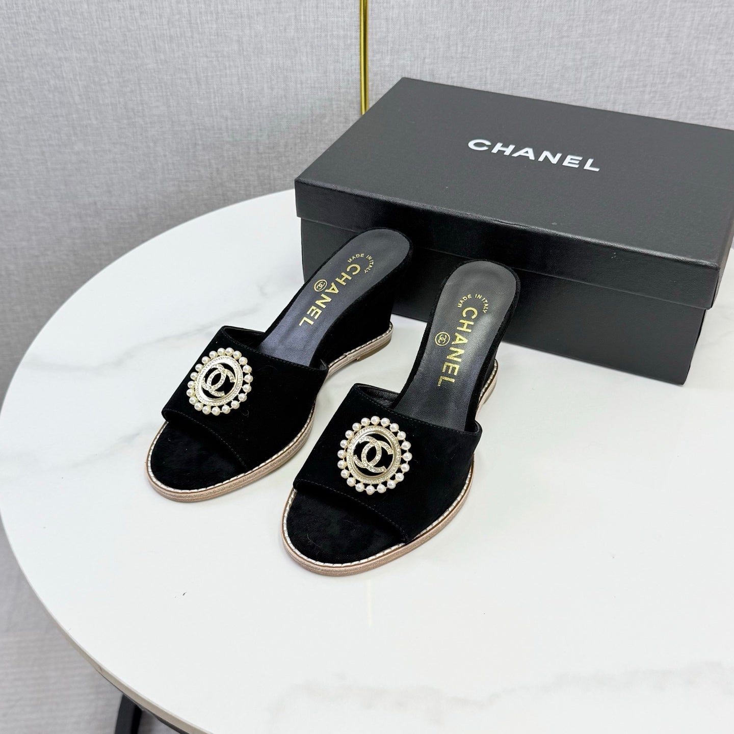 CC 26s Wedge Heels In Black Suede With Cc Pearl Embellished