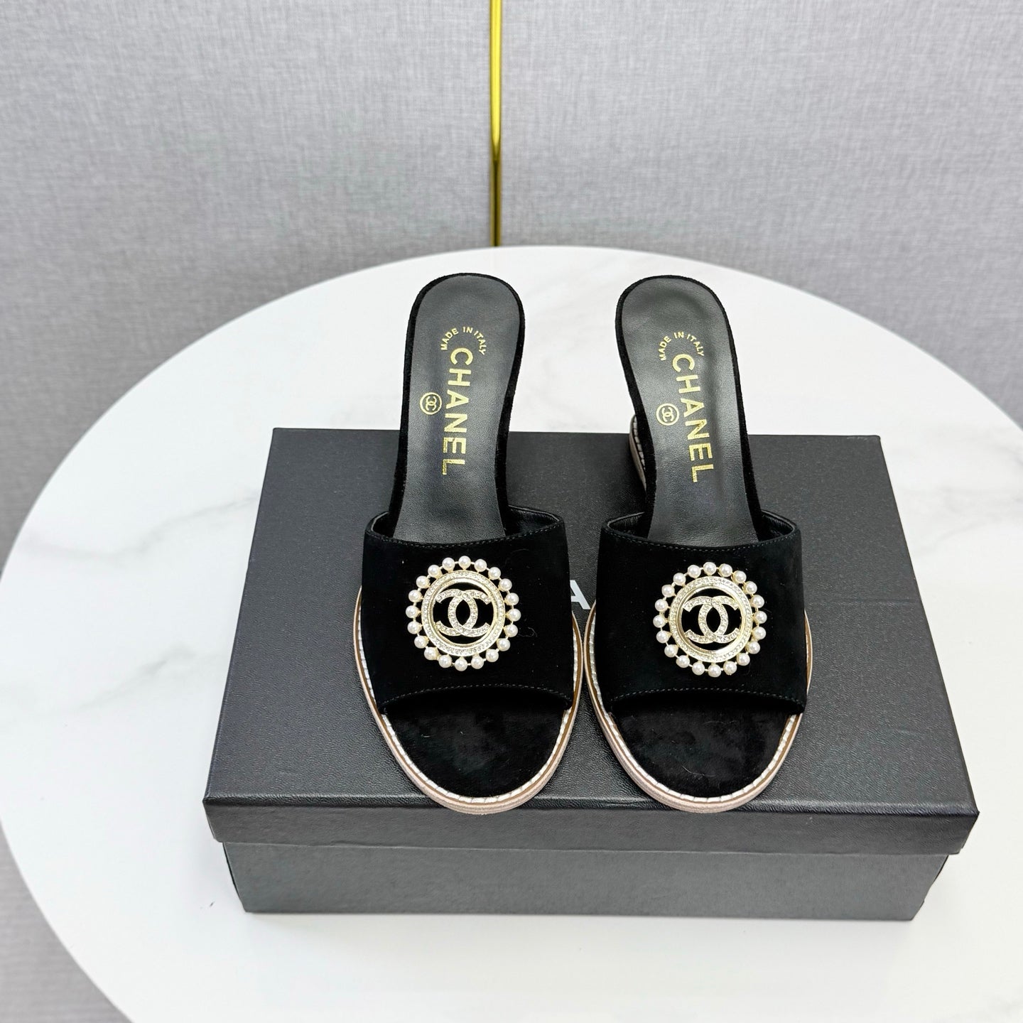 CC 26s Wedge Heels In Black Suede With Cc Pearl Embellished