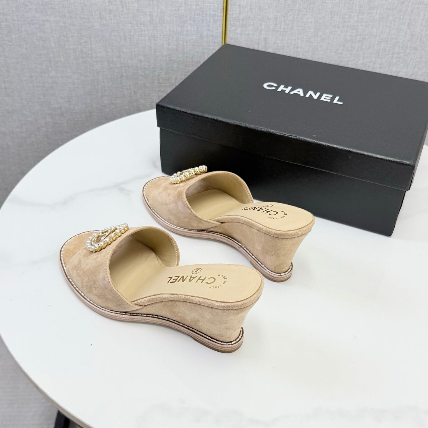 CC 26s Wedge Heels In Beige Suede With Cc Pearl Embellished