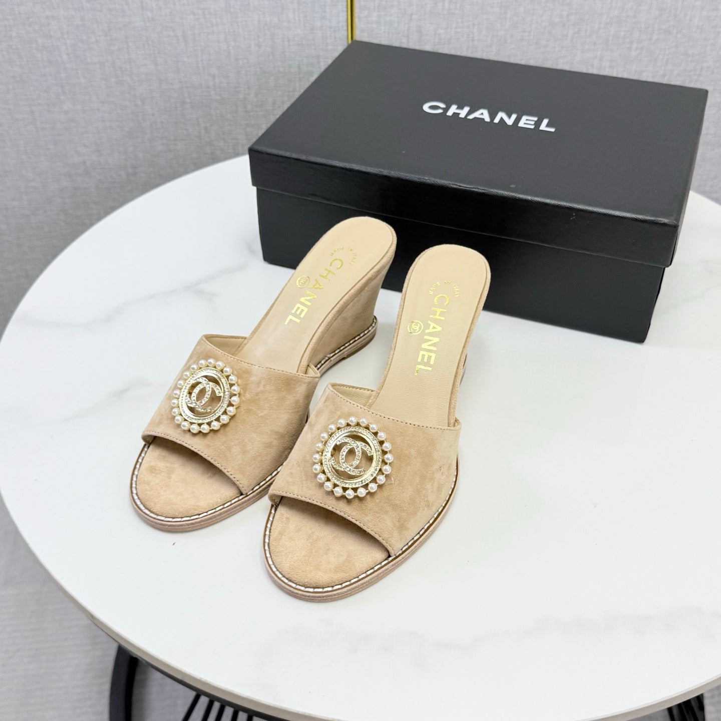 CC 26s Wedge Heels In Beige Suede With Cc Pearl Embellished