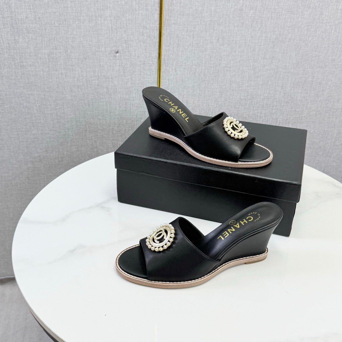 CC 26s Wedge Heels In Black Lambskin With Cc Pearl Embellished