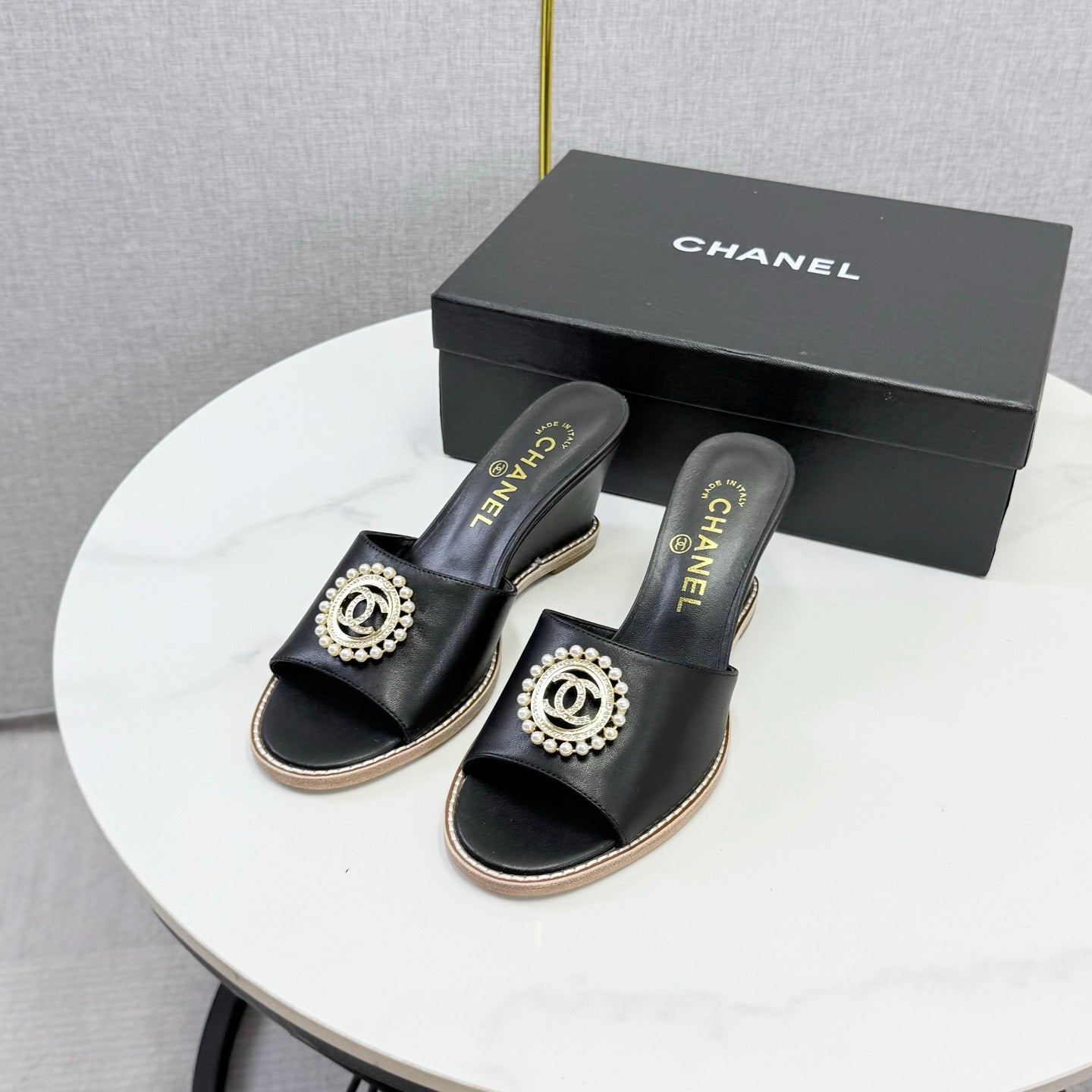 CC 26s Wedge Heels In Black Lambskin With Cc Pearl Embellished