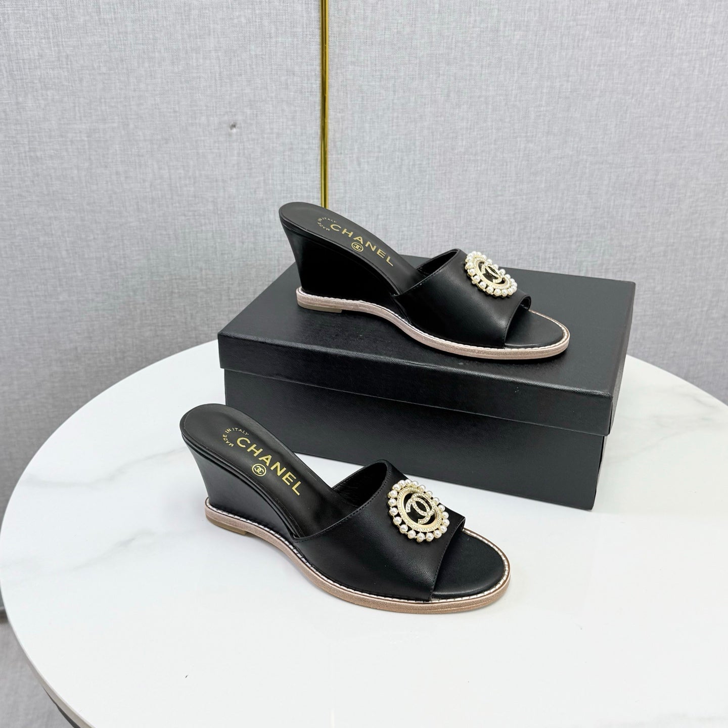 CC 26s Wedge Heels In Black Lambskin With Cc Pearl Embellished