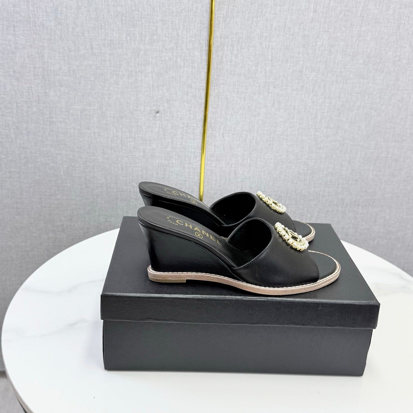 CC 26s Wedge Heels In Black Lambskin With Cc Pearl Embellished