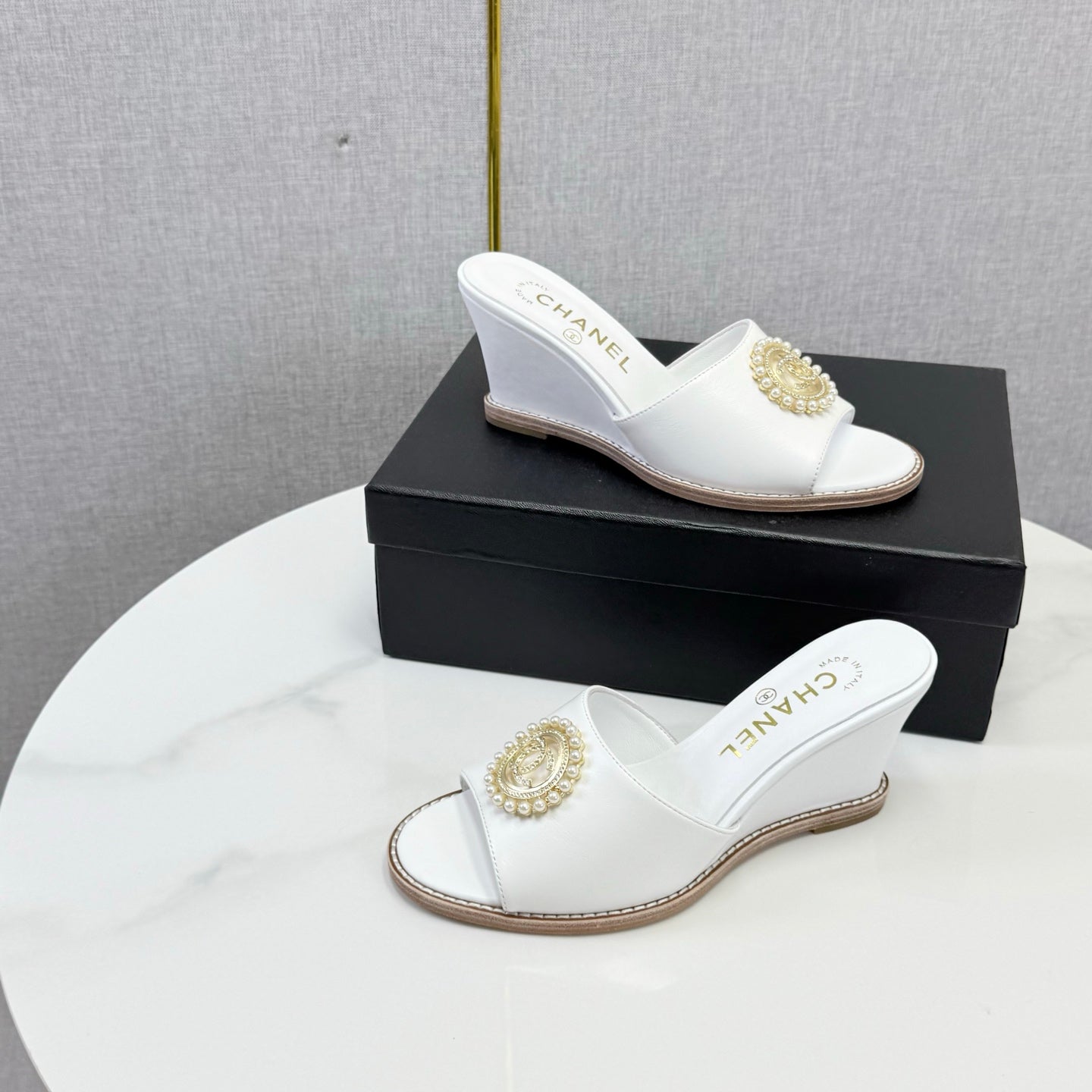 CC 26s Wedge Heels In White Lambskin With CC Pearl Embellished