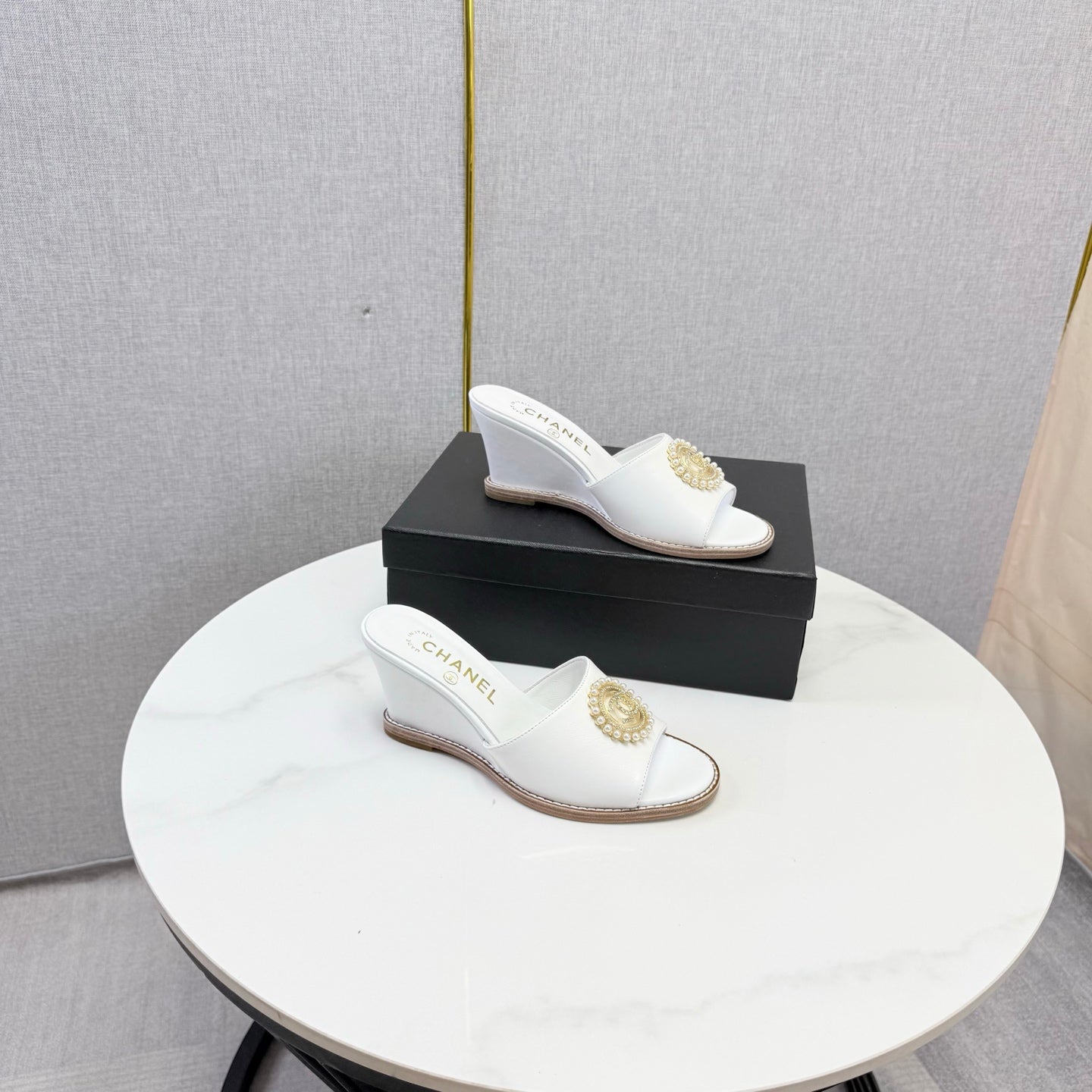 CC 26s Wedge Heels In White Lambskin With CC Pearl Embellished
