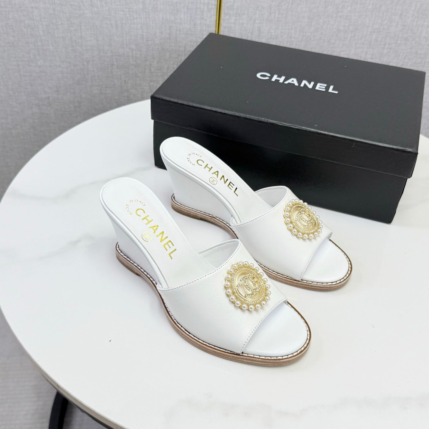 CC 26s Wedge Heels In White Lambskin With CC Pearl Embellished