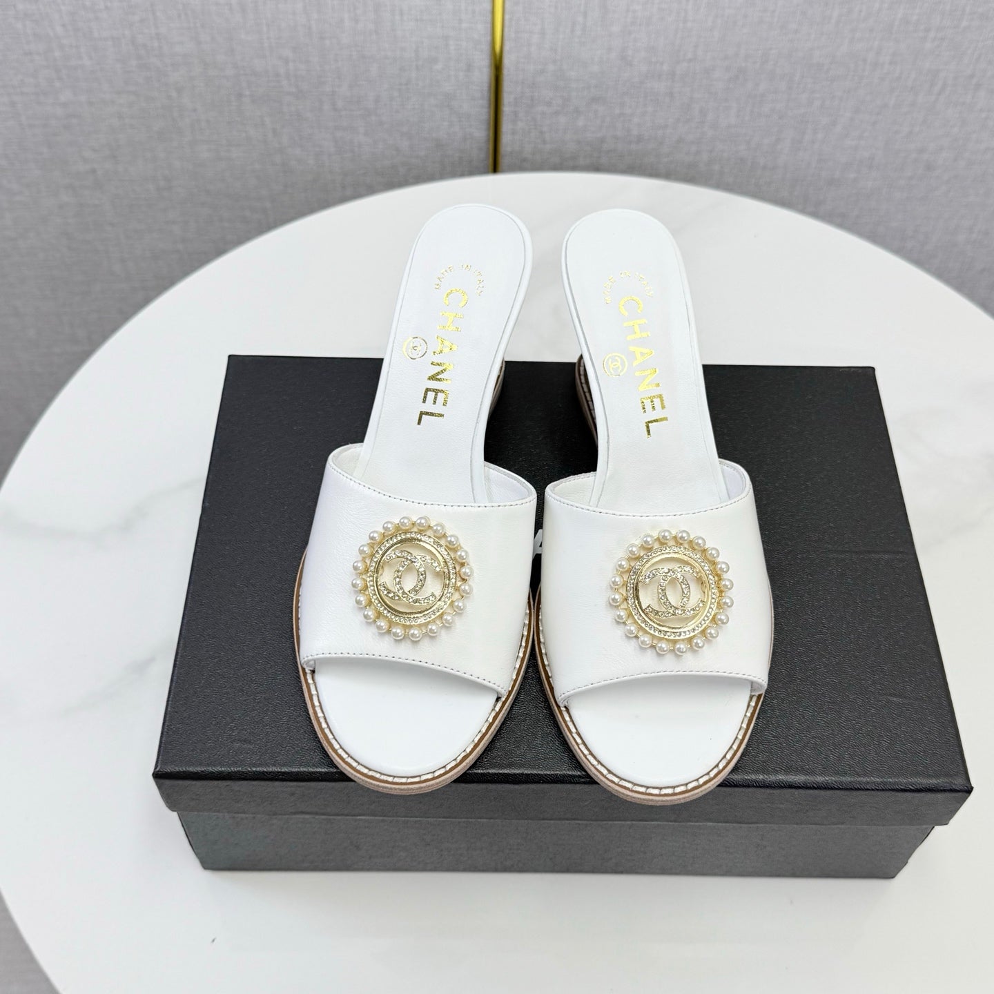 CC 26s Wedge Heels In White Lambskin With CC Pearl Embellished