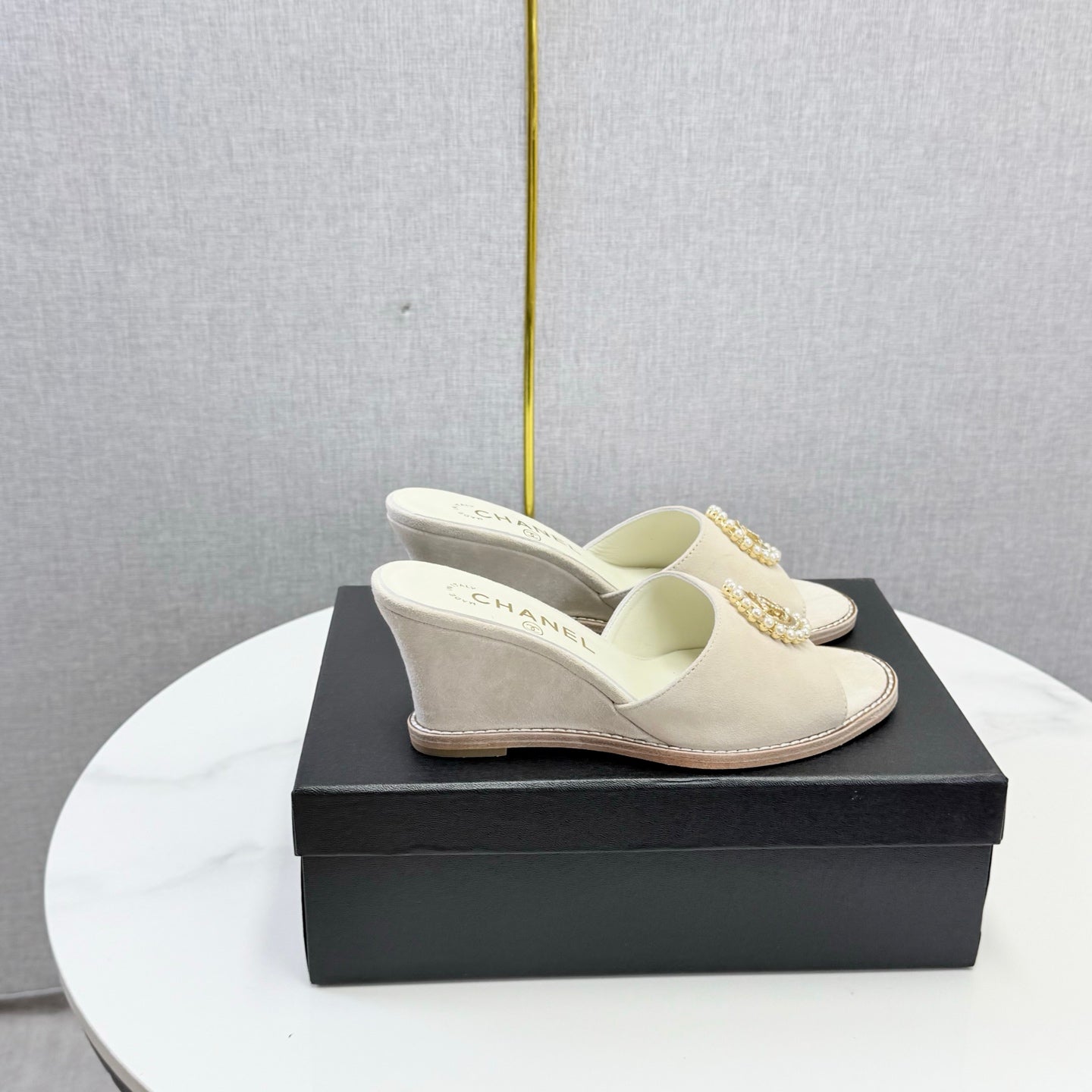CC 26s Wedge Heels In Light Beige Suede With CC Pearl Embellished