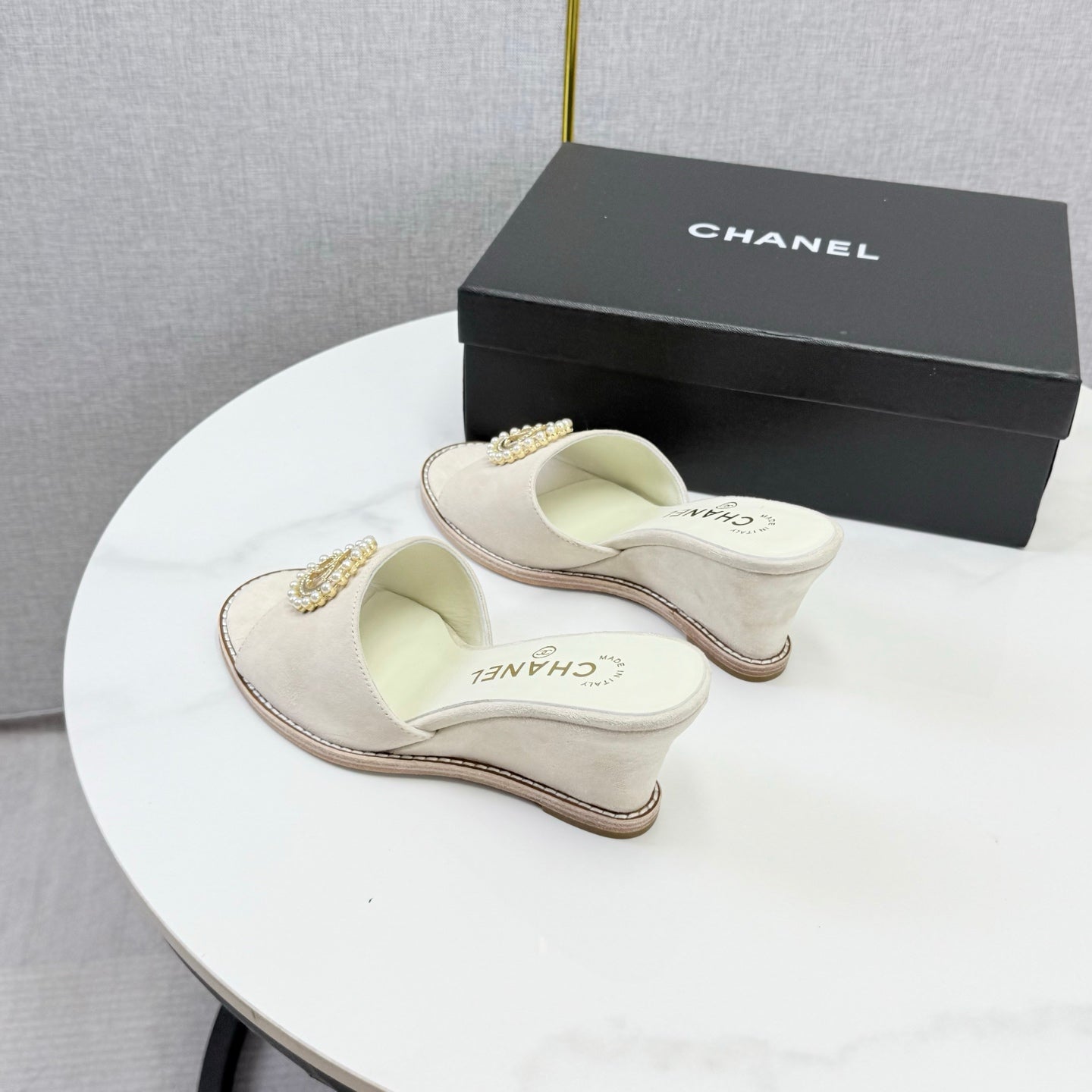 CC 26s Wedge Heels In Light Beige Suede With CC Pearl Embellished