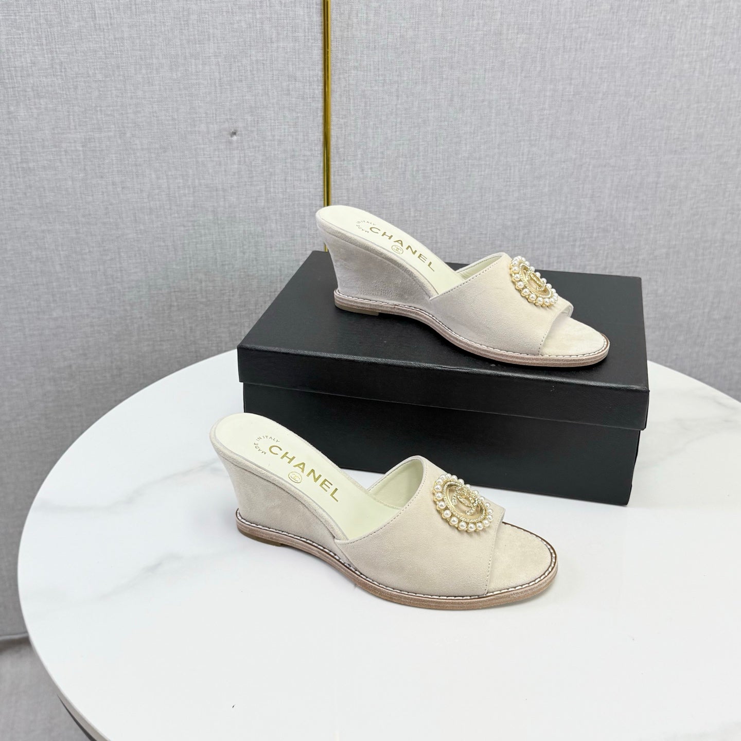 CC 26s Wedge Heels In Light Beige Suede With CC Pearl Embellished