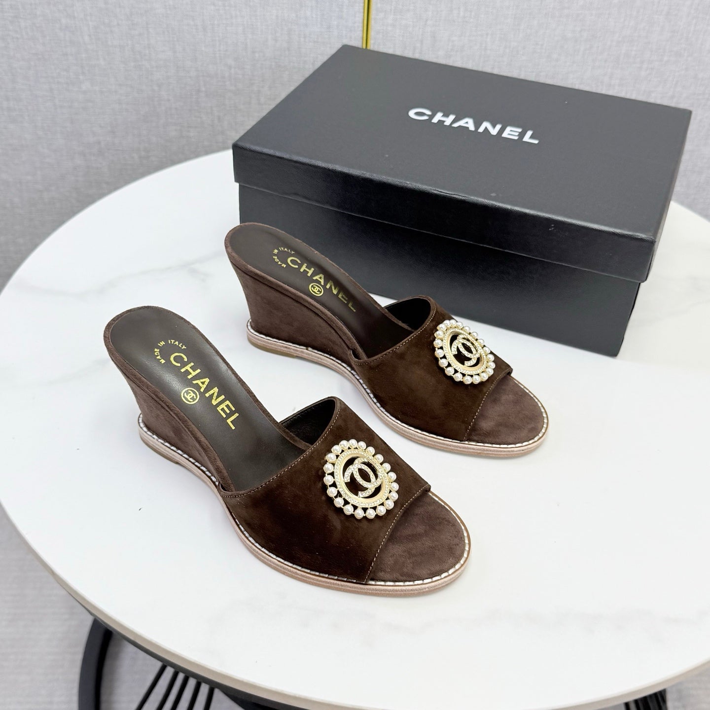 CC 26s Wedge Heels In Dark Brown Suede With CC Pearl Embellished