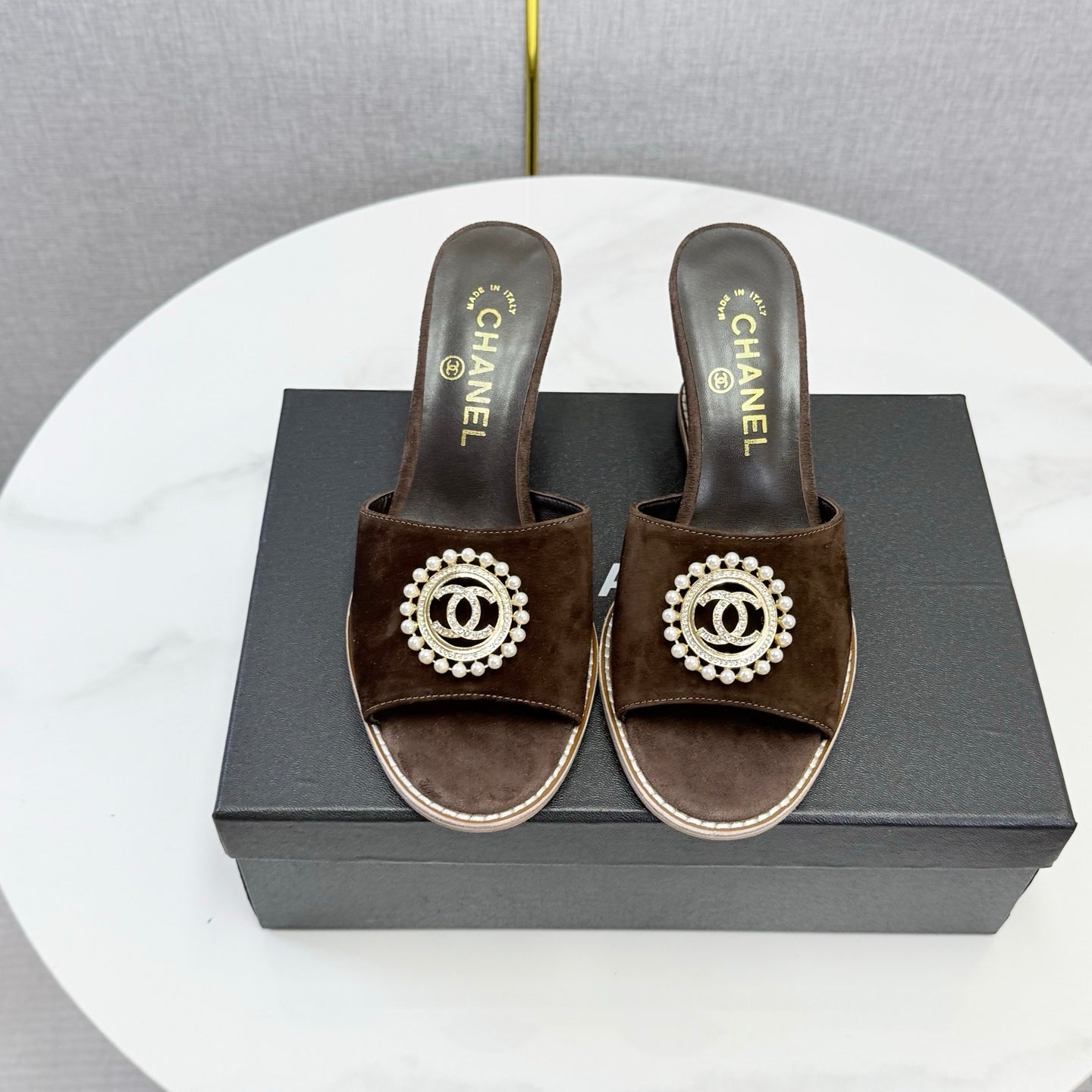 CC 26s Wedge Heels In Dark Brown Suede With CC Pearl Embellished