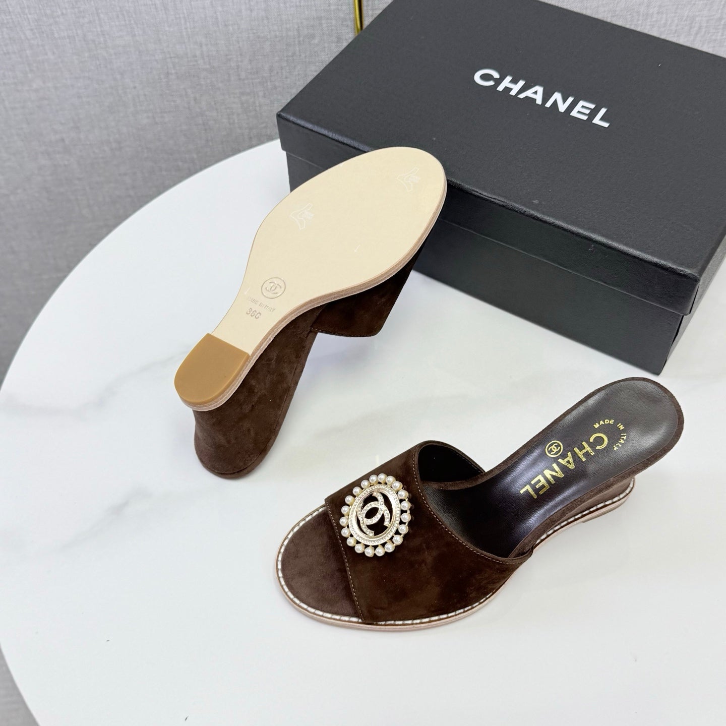CC 26s Wedge Heels In Dark Brown Suede With CC Pearl Embellished