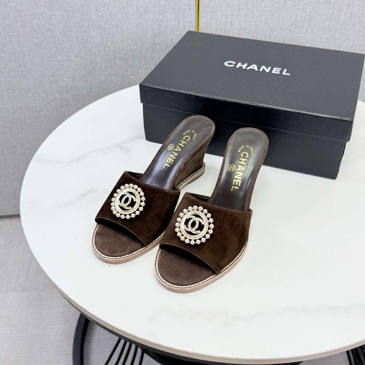 CC 26s Wedge Heels In Dark Brown Suede With CC Pearl Embellished