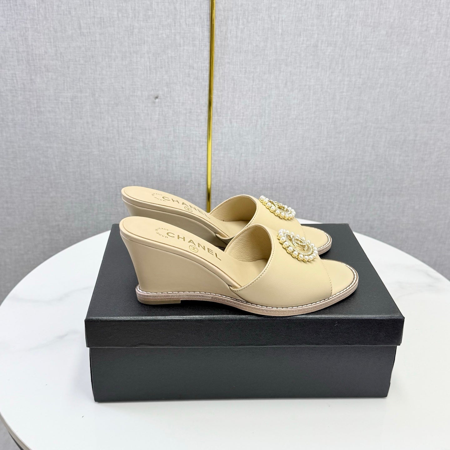 CC 26s Wedge Heels In Beige Lambskin With CC Pearl Embellished