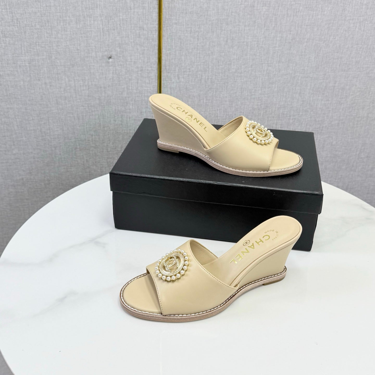CC 26s Wedge Heels In Beige Lambskin With CC Pearl Embellished