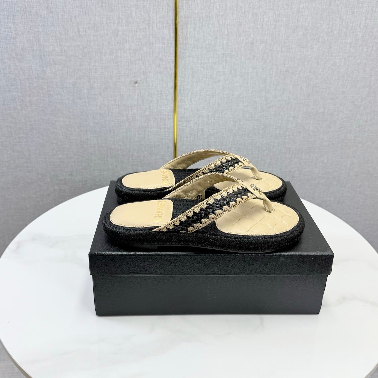 CC 26s Flip Flops Quilted Espadrille Light Beige Leather 972712