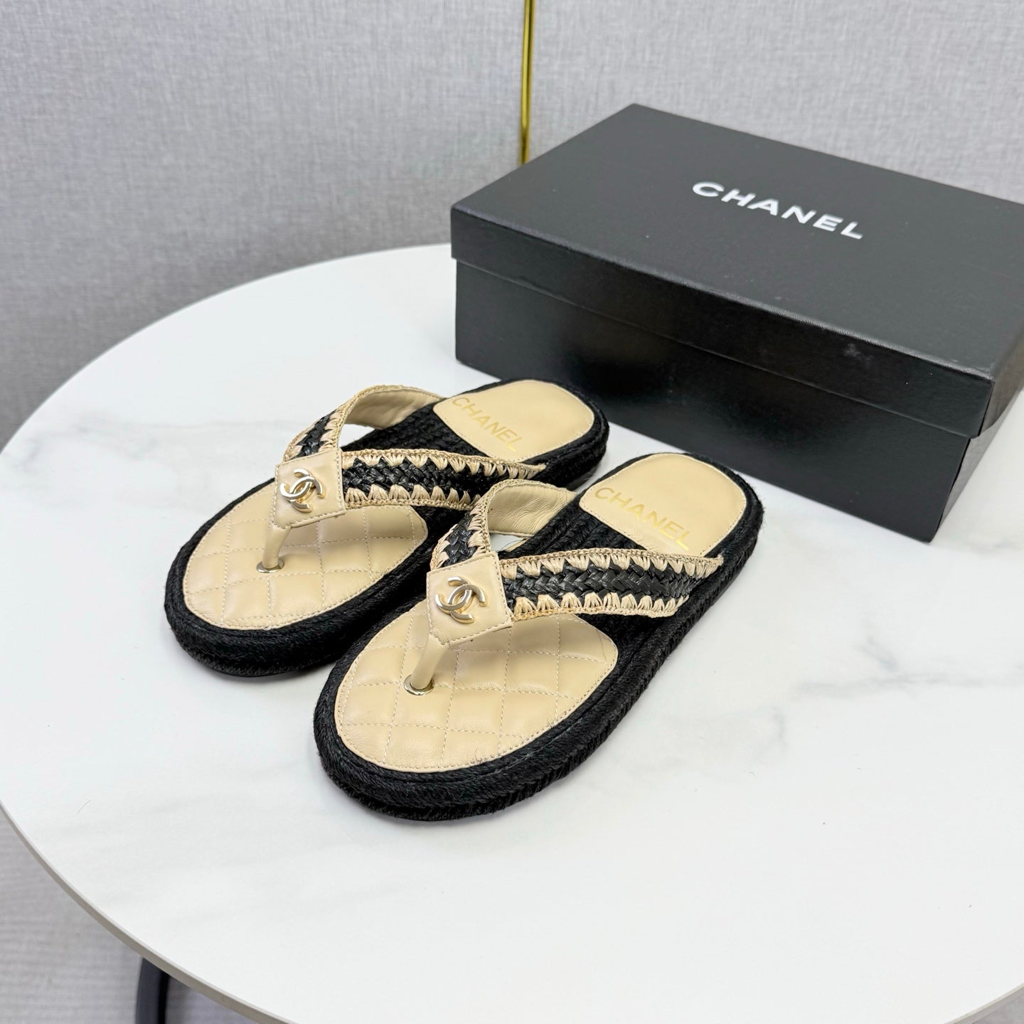 CC 26s Flip Flops Quilted Espadrille Light Beige Leather 972712