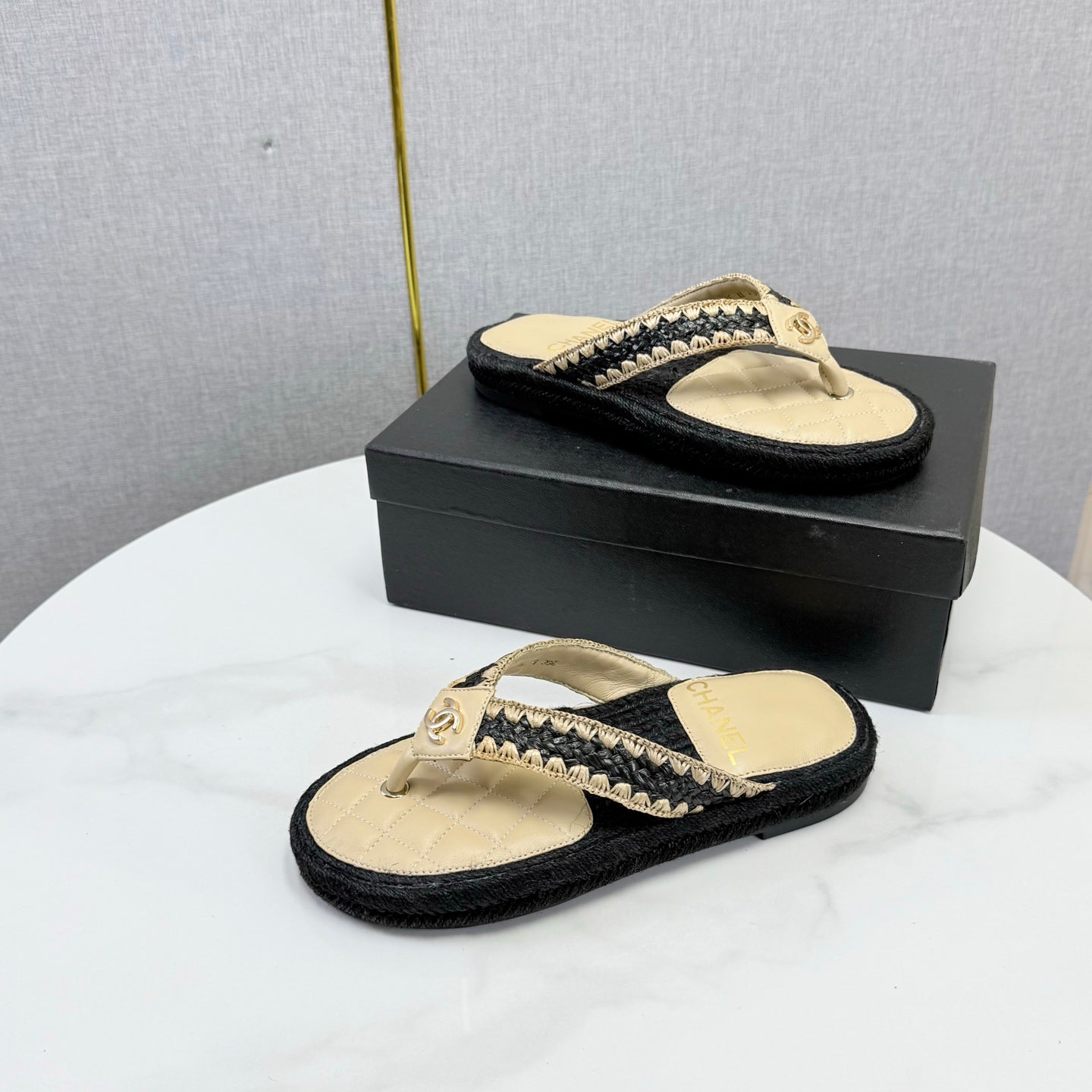 CC 26s Flip Flops Quilted Espadrille Light Beige Leather 972712