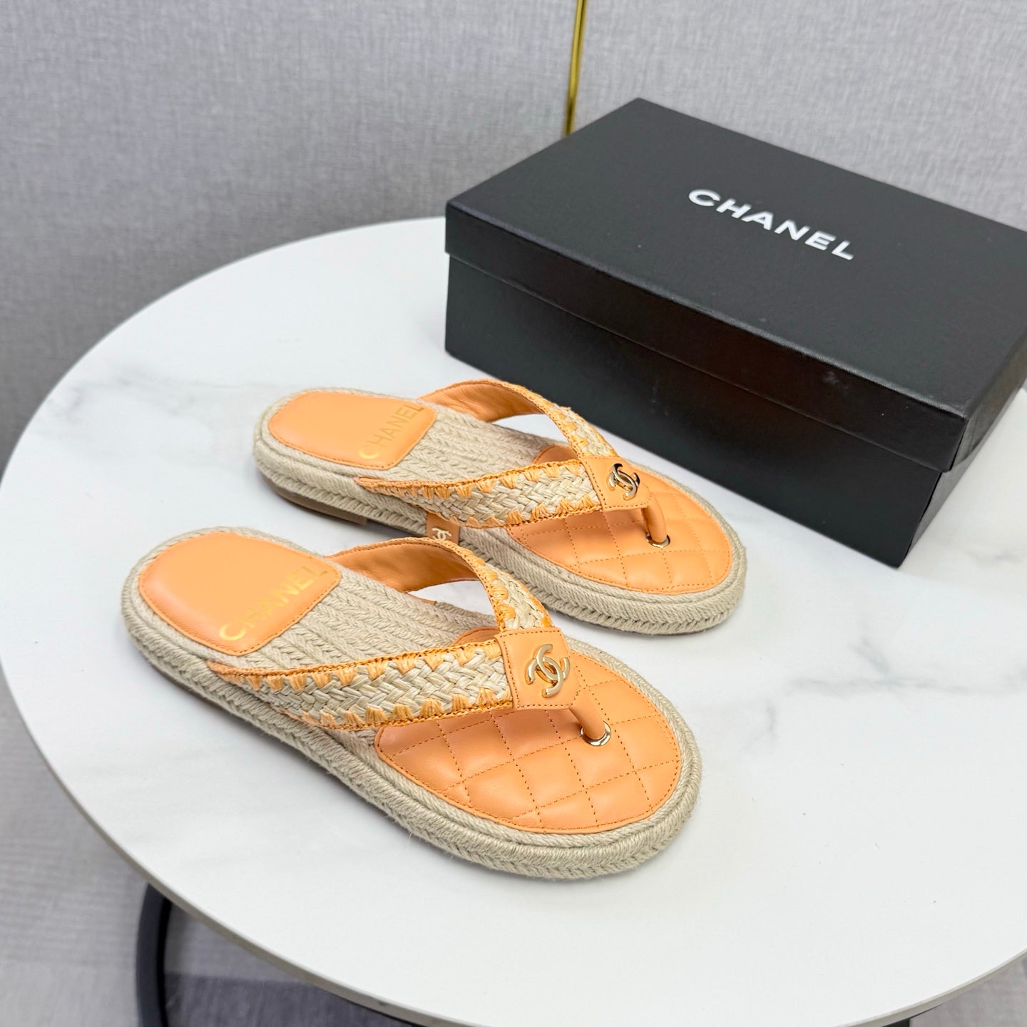 CC 26s Flip Flops Quilted Espadrille Beige Leather 972713