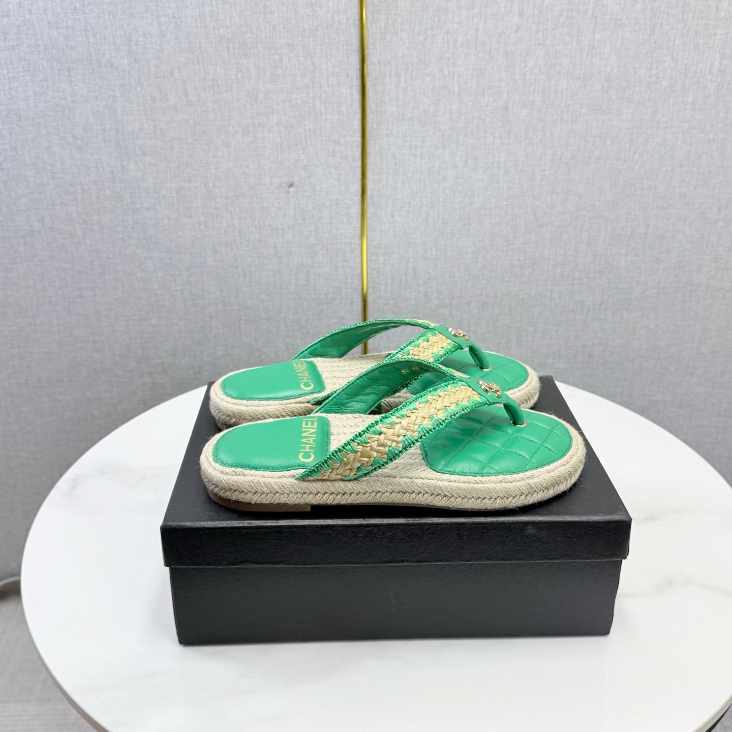 CC 26s Flip Flops Quilted Espadrille Green Leather 972714